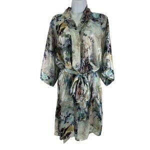 Christine Lingerie Silk Robe Enchanted Peacock Floral Lightweight Kimono Short
